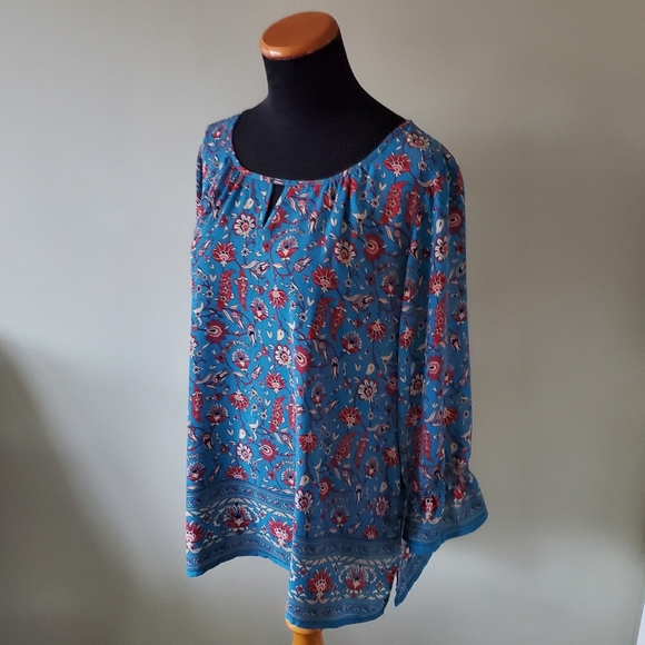 Northern Reflections L Floral Boheminan Peasant Vacation Keyhole Blouse - Picture 6 of 11